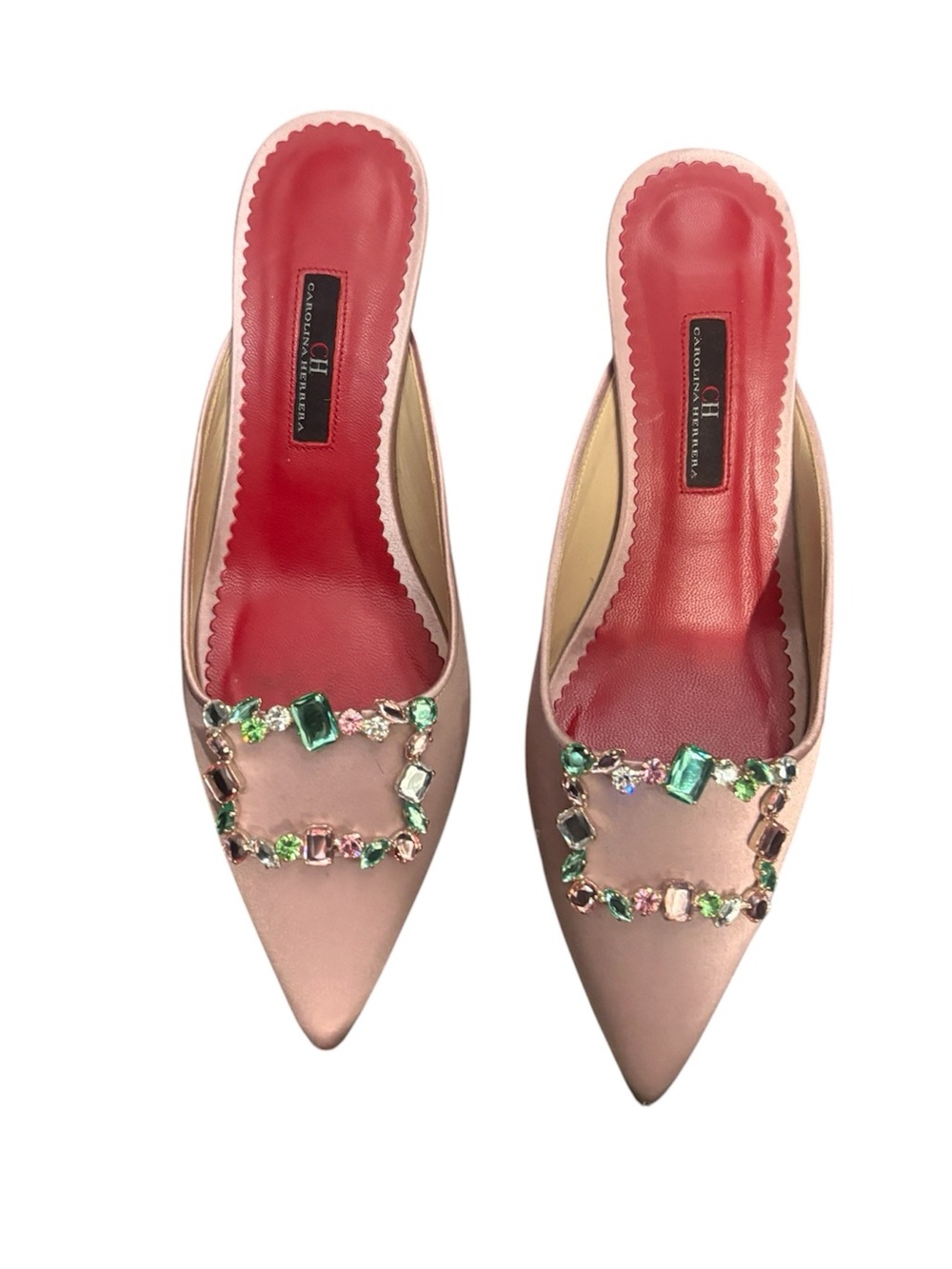 Carolina Herrera Embellished Pink Satin Pointed-Toe Mules